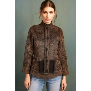 Flashback Boho Victorian Velvet Jacket S Brown Lace‎ Trim Embroidered Tapestry